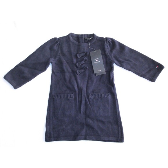 Tommy Hilfiger Other - Tommy Hilfiger Dark Blue Navy Knit Dress Size 18M Bows Pocket Logo 100% Cotton